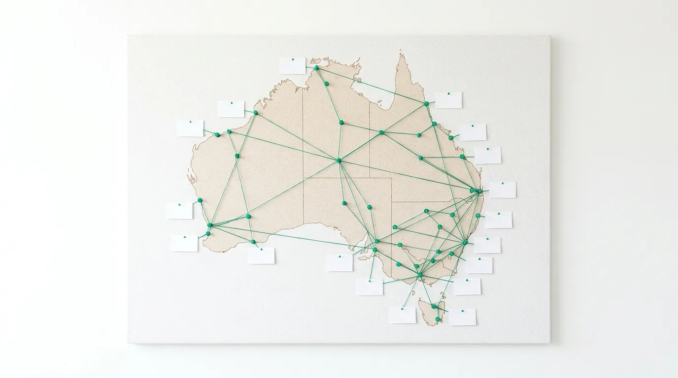 A cardboard map of Australia connected by green string represents geography and travel.