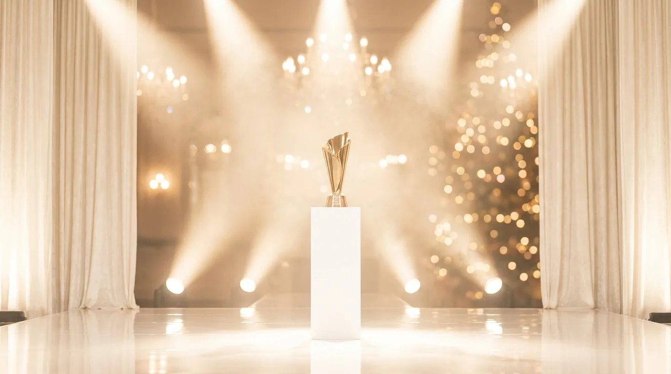 A golden trophy is displayed on a white pedestal with stage lights, representing achievement and recognition.
