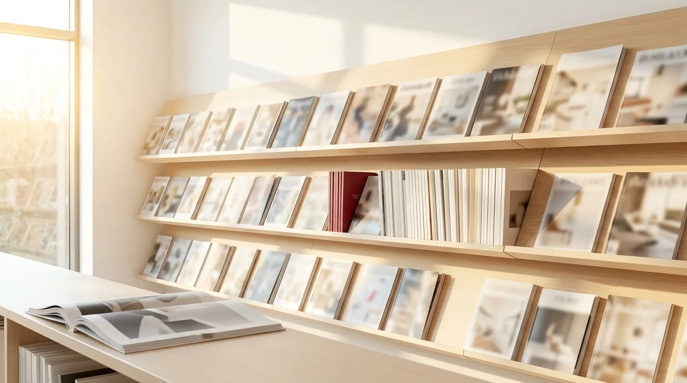 Magazines are displayed on shelves, useful resources for vocational education.