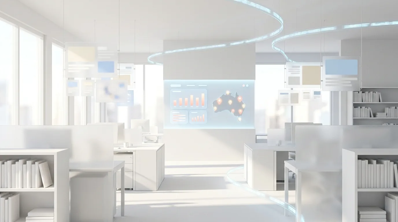 A bright, modern office features data visualizations and minimalist furniture for vocational education.