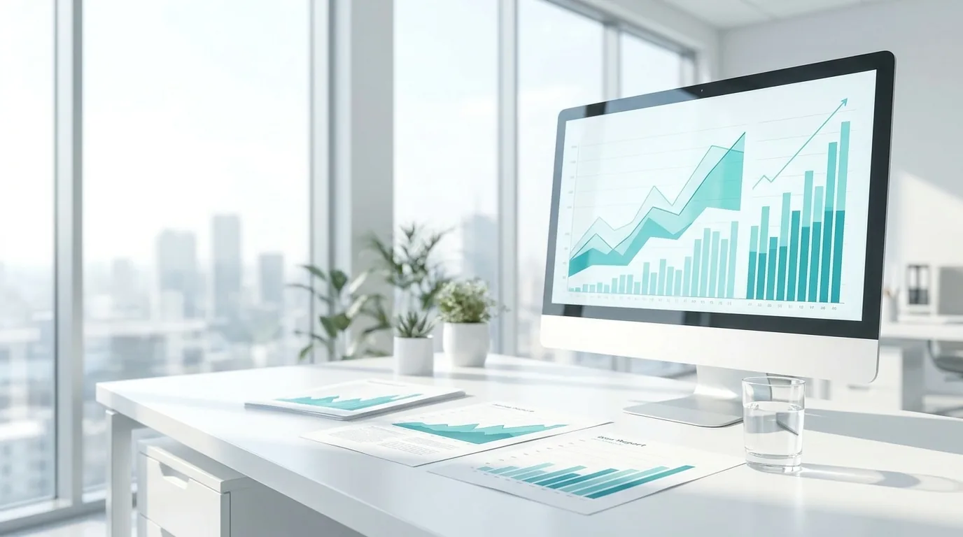 A modern office setup shows financial charts on a computer, representing data and analysis for rto compliance.