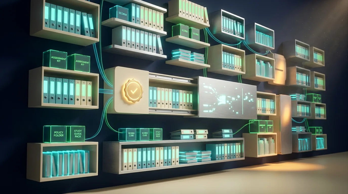 A futuristic room shows binders and digital displays representing accessible training resources for rto compliance.