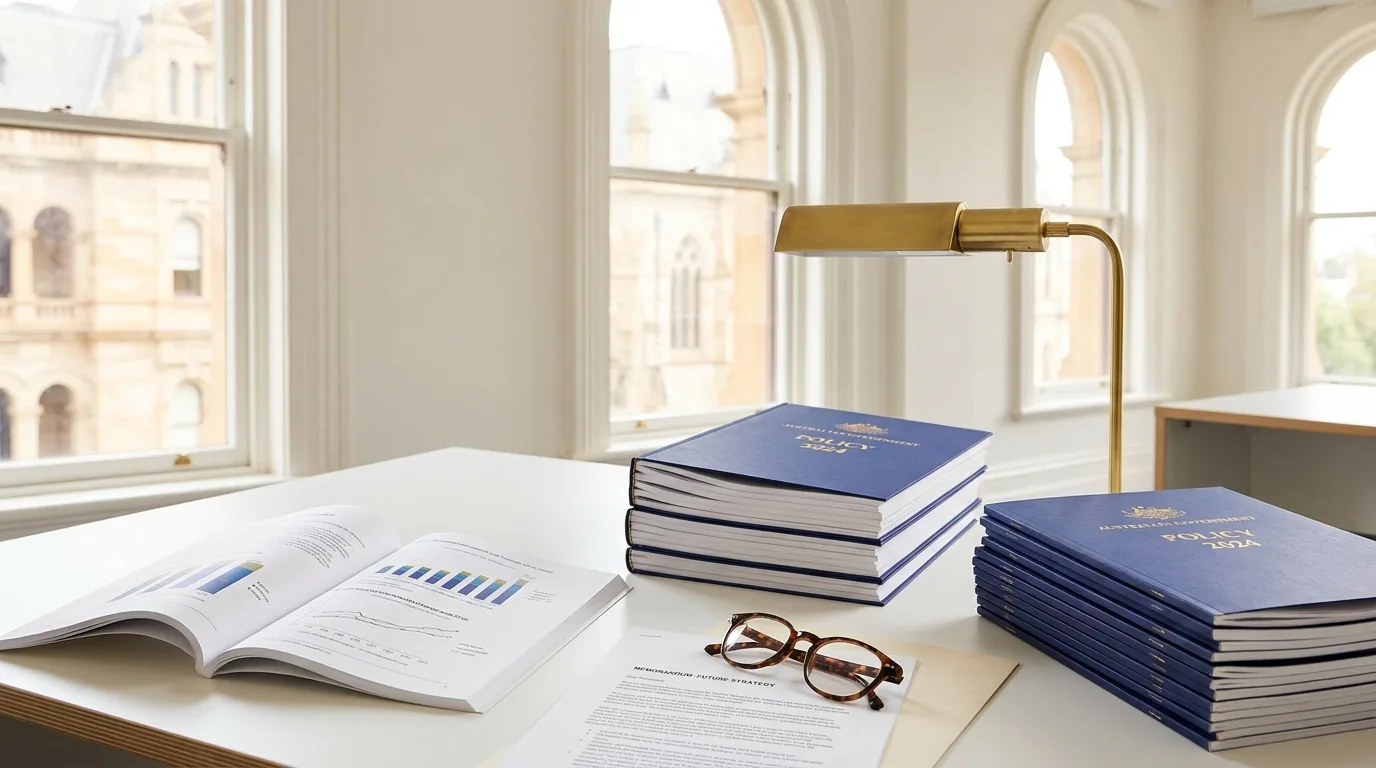 A desk displays policy documents and charts relating to rto compliance.