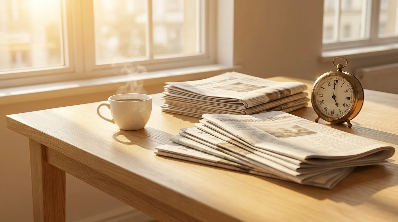 A still life shows newspapers, a coffee cup and an antique clock on a wooden table.