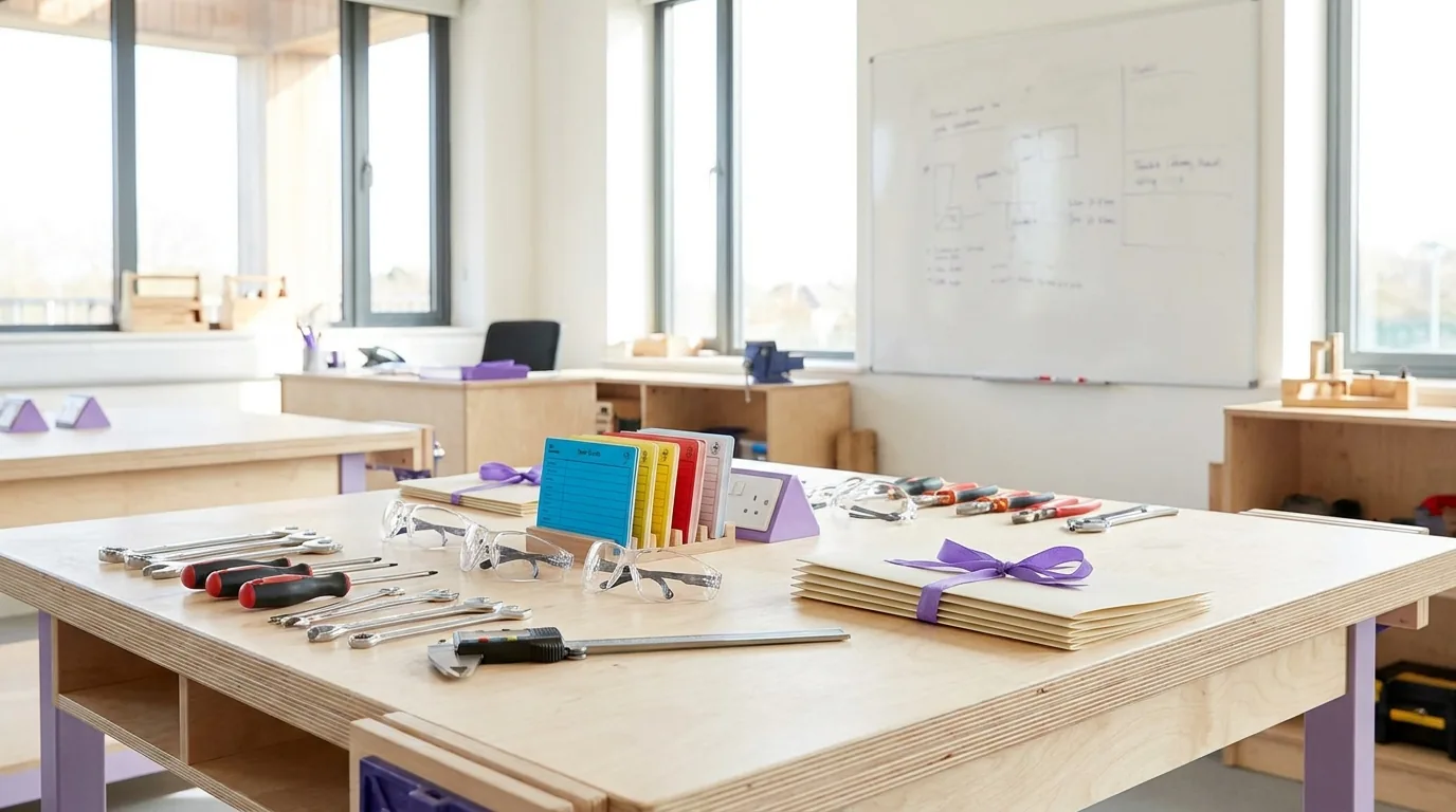 A classroom workshop shows workbenches with tools, illustrating vocational education and training.